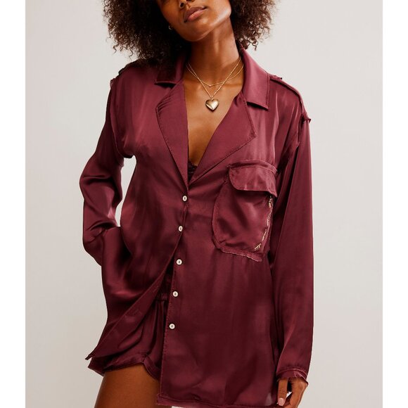 🆕 FREE PEOPLE Like Honey PJ Shirt / Acai - Picture 1 of 9
